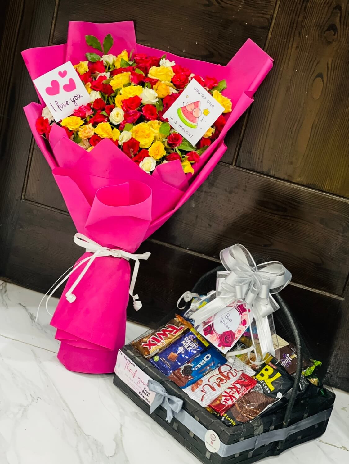 Gift combo basket ane bouquet for her